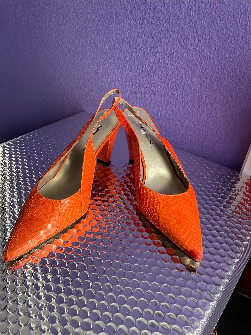 Bellini Orange Textured Pointed-Toe Slingback Heels